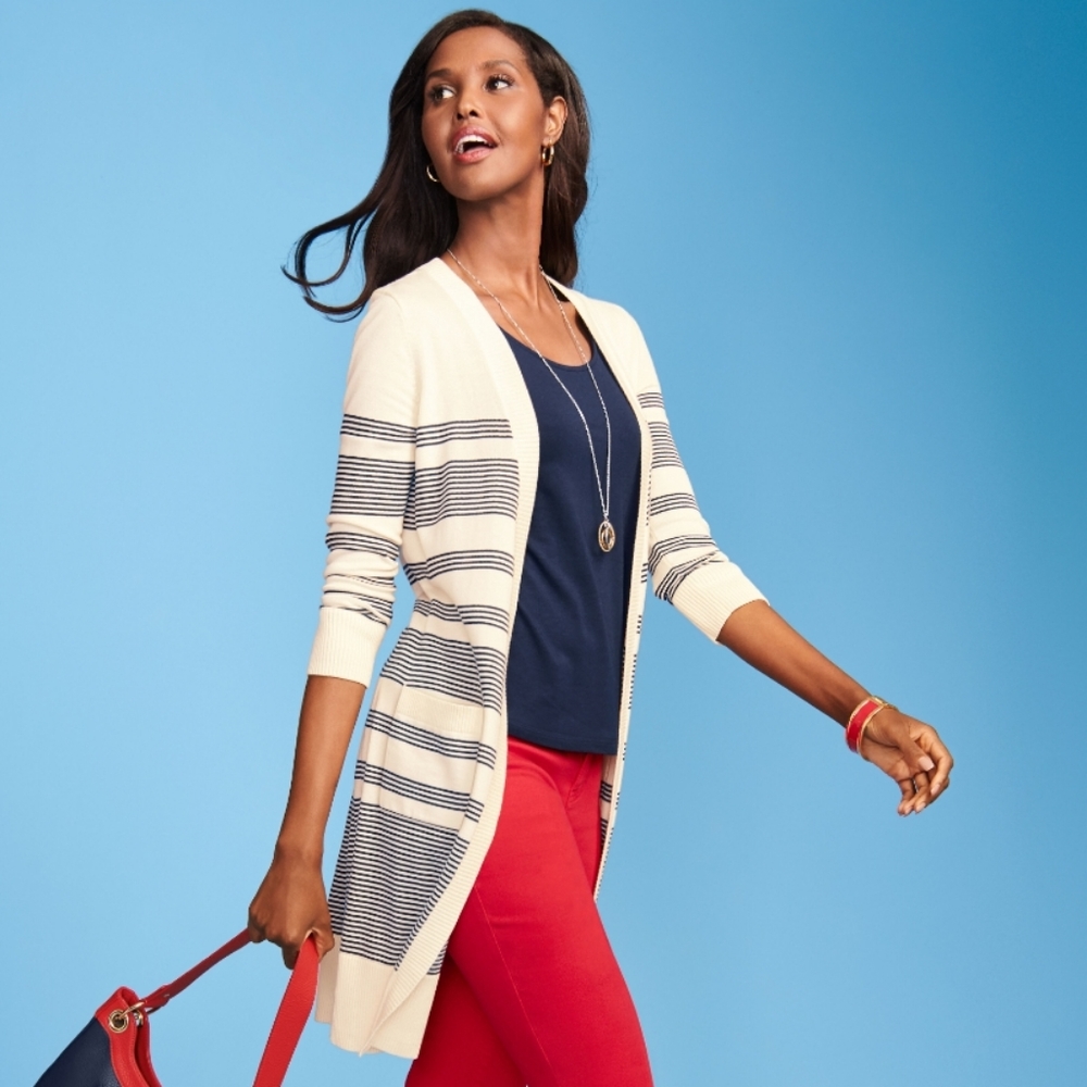 Talbots Cream & Navy Striped Long Open-Front Cardigan